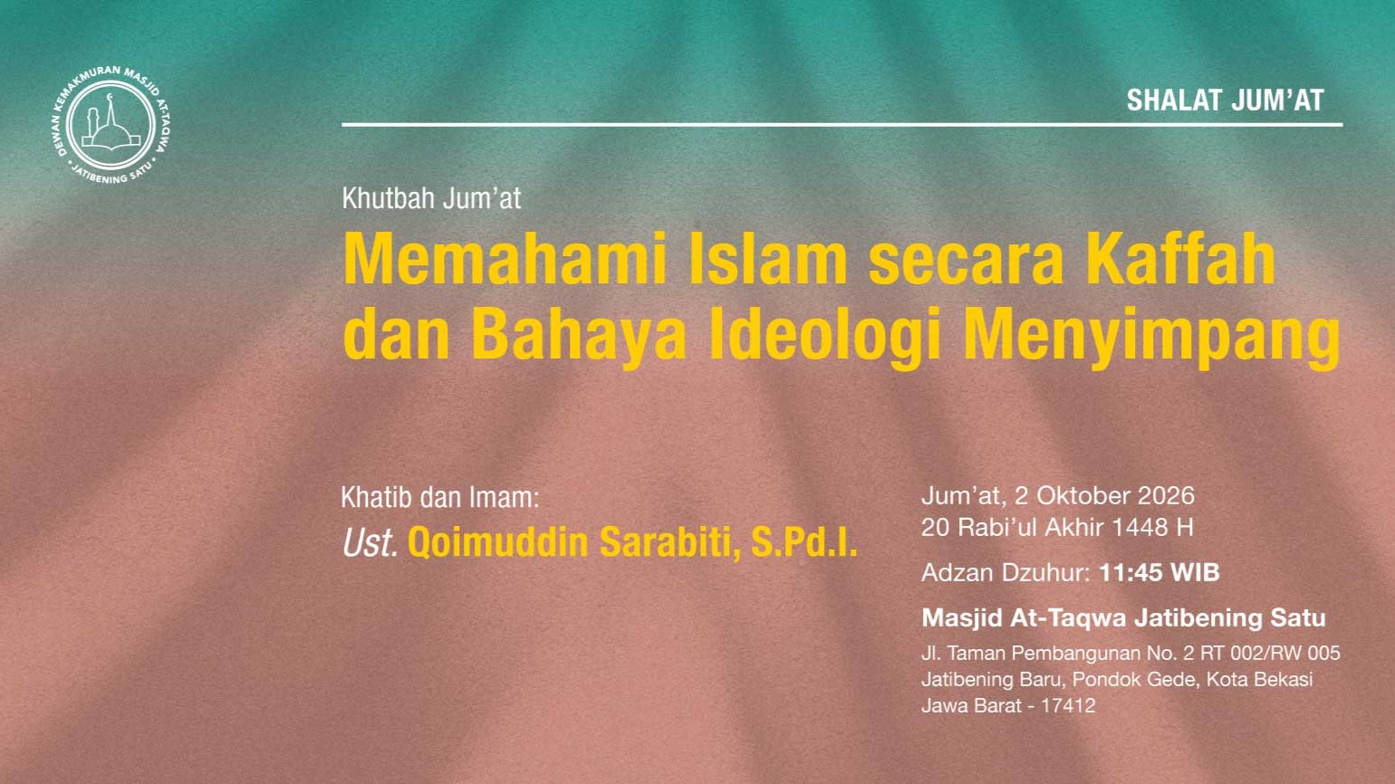 Info Shalat Jumat 2 Oktober 2026 • 20 Rabi'ul Akhir 1448 H